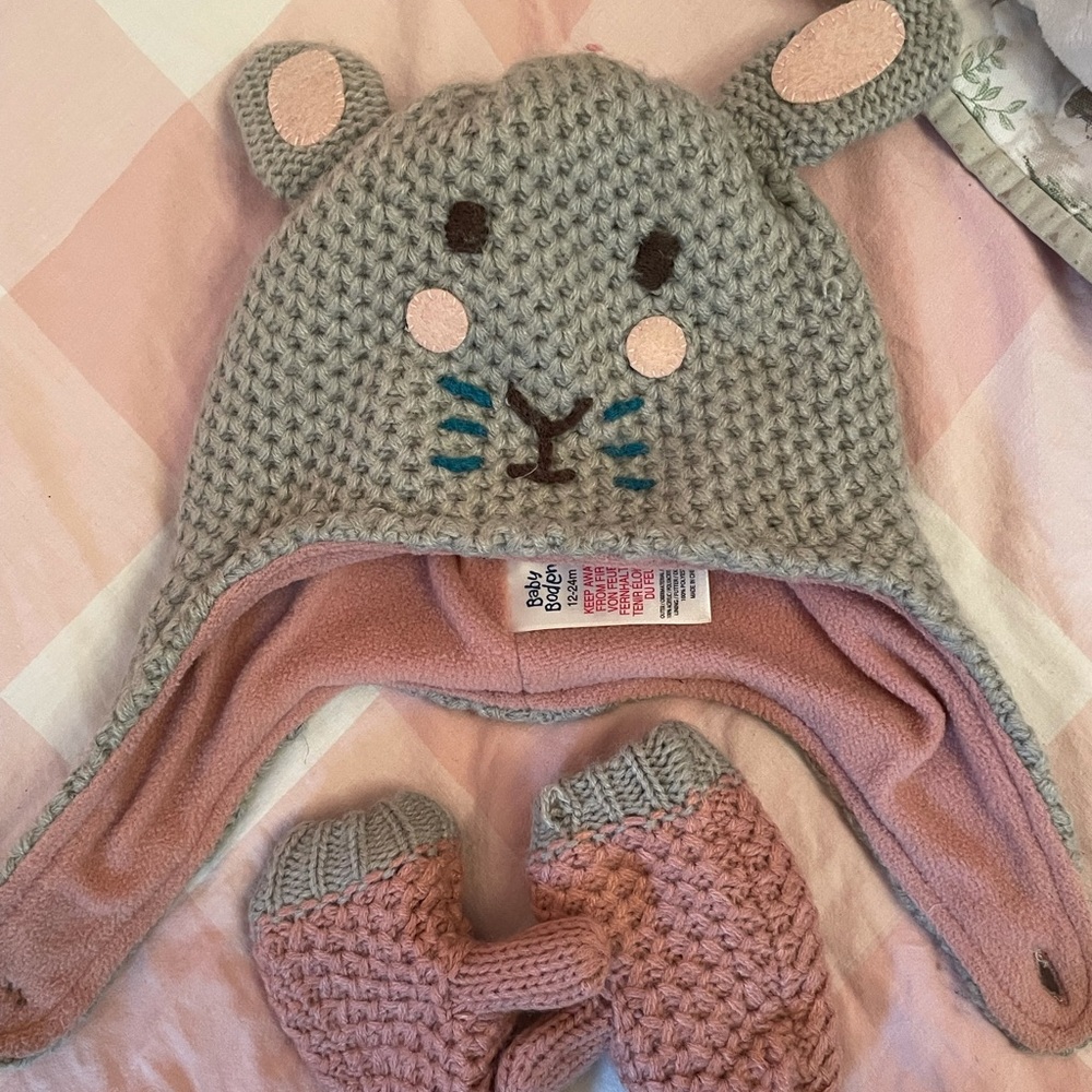 Baby Boden bunny winter hat and mittens 12-24 m